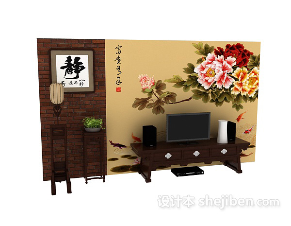 设计本中式电视背景墙3d模型下载