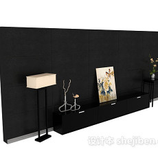 黑色现代中式电视背景墙3d模型下载