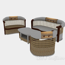中式铁艺休闲藤桌椅组合家具3d模型下载