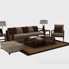简洁清爽中式组合沙发茶几3d模型下载
