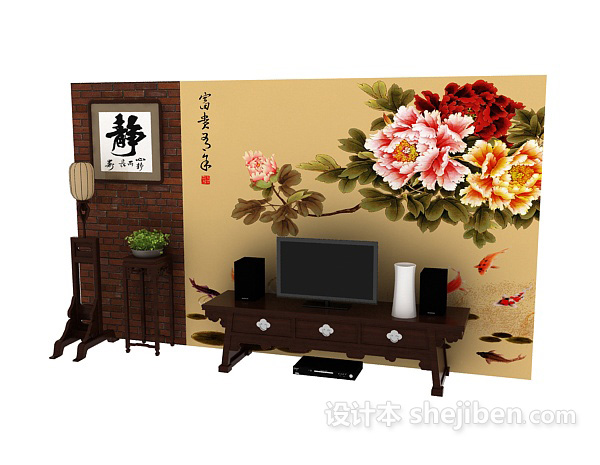 中式风格中式电视背景墙3d模型下载