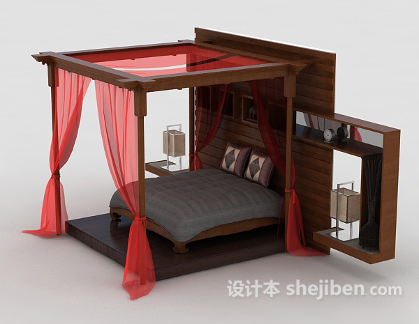 中式布幔床3d模型下载