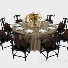 中式八人餐桌3d模型下载