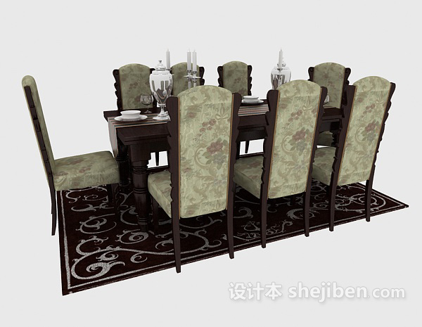 精致美式实木餐桌3d模型下载