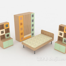 家居单人床、衣柜组合3d模型下载