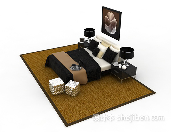 东南亚风格家庭双人床3d模型下载