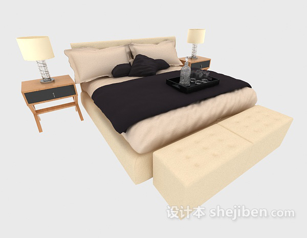免费现代分格家居双人床3d模型下载