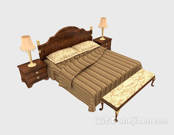 棕色欧式双人床3d模型下载