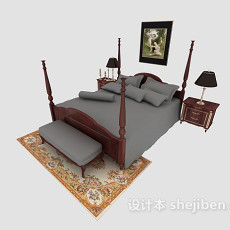 欧式红木双人床3d模型下载