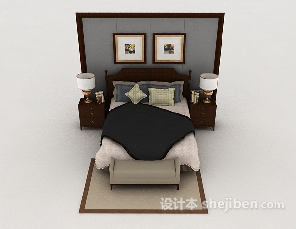 其它新古典风格实木双人床3d模型下载