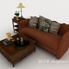 新中式暗红色双人沙发3d模型下载