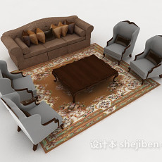 新中式灰棕色组合沙发3d模型下载