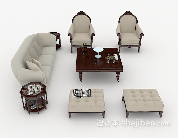 免费简欧浅灰色组合沙发3d模型下载