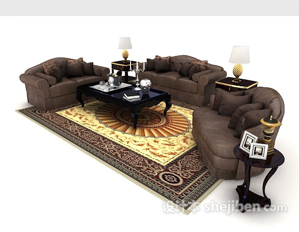 新中式深棕色组合沙发