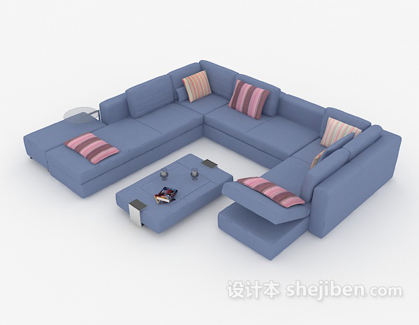 现代简约蓝色多人沙发