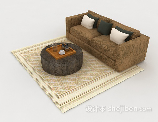 设计本棕色简单家居双人沙发3d模型下载