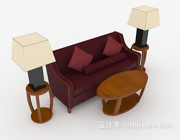 新中式复古红色双人沙发3d模型下载