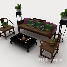 中式木质沙发组合3d模型下载