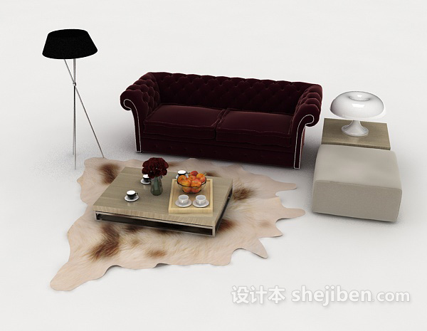欧式风格欧式暗红色双人沙发3d模型下载