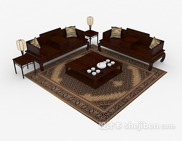 中式复古木质组合沙发