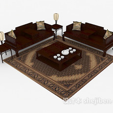 中式复古木质组合沙发3d模型下载