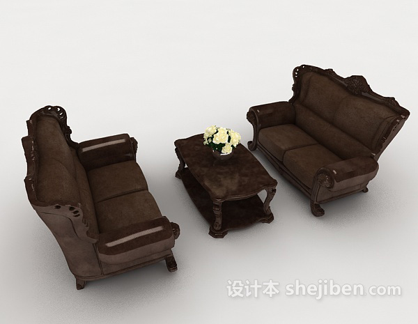中式复古深棕色组合沙发