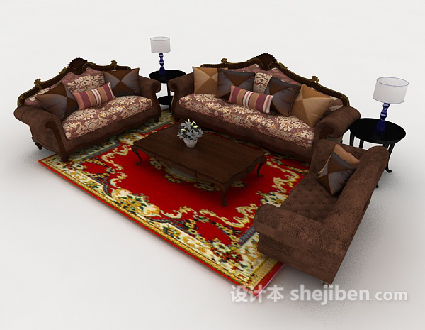 欧式木质复古棕色组合沙发