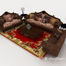 欧式木质复古棕色组合沙发3d模型下载