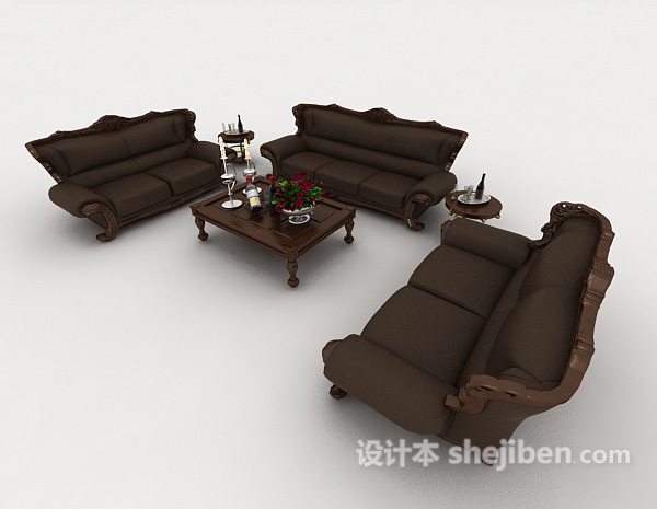 中式深棕色组合沙发