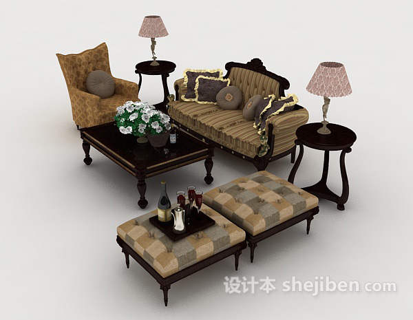 欧式木质复古组合沙发