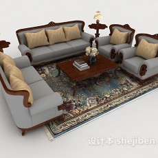 中式复古木质灰色组合沙发3d模型下载