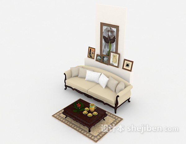 免费欧式浅棕色木质双人沙发3d模型下载