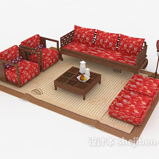 新中式红色喜庆组合沙发3d模型下载