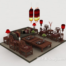 中式木质沙发3d模型下载