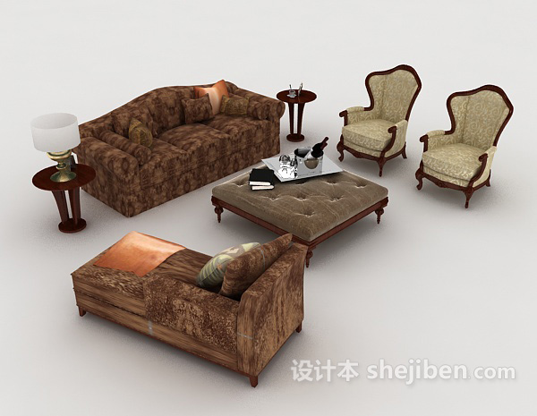 中式复古棕色组合沙发