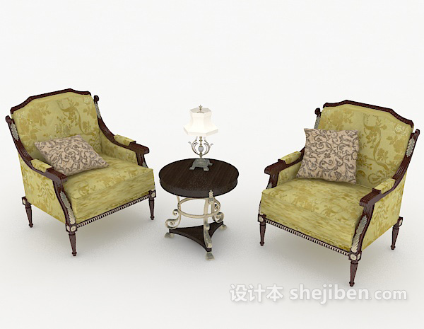 欧式复古花纹单人沙发组合3d模型下载