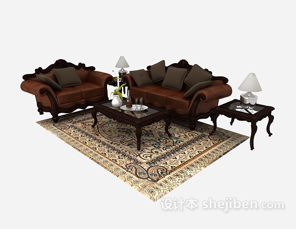 中式复古木质棕色组合沙发