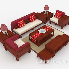 新中式木质棕色组合沙发3d模型下载