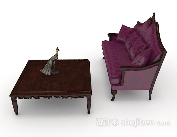 设计本家居木质紫色双人沙发3d模型下载