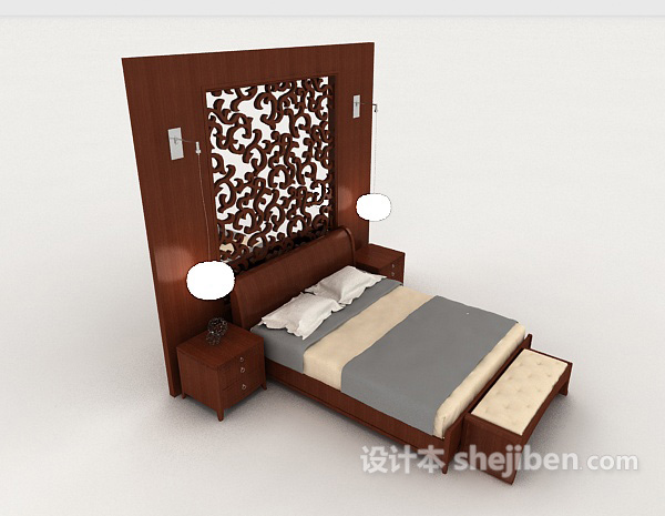 设计本新中式家居木质双人床3d模型下载