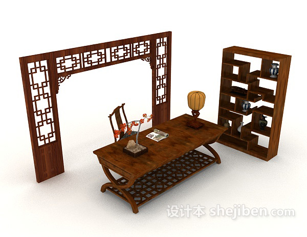 中式复古书桌椅柜