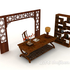 中式复古书桌椅柜3d模型下载