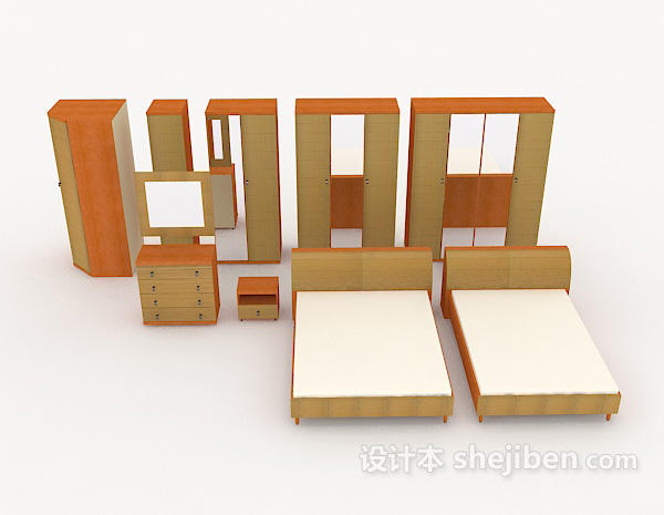 免费家居木质床柜组合3d模型下载