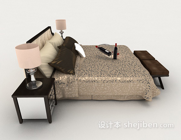 设计本深色实木双人床3d模型下载