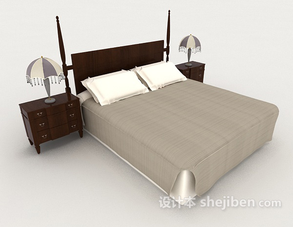 新中式简约实木双人床3d模型下载