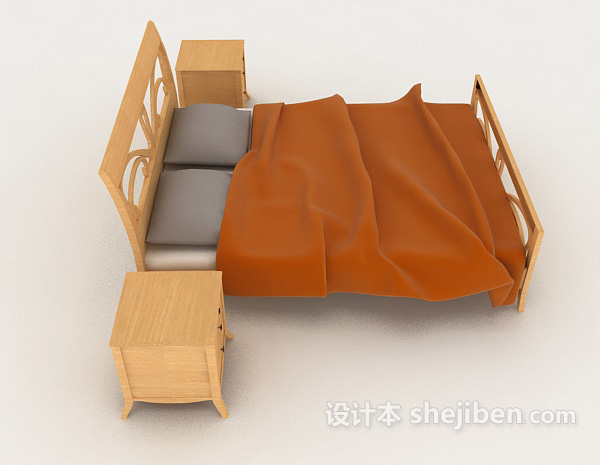 设计本橙色木质双人床3d模型下载