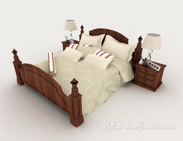 新中式木质简单双人床3d模型下载
