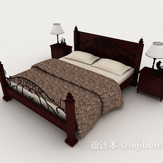 新中式双人木质床3d模型下载