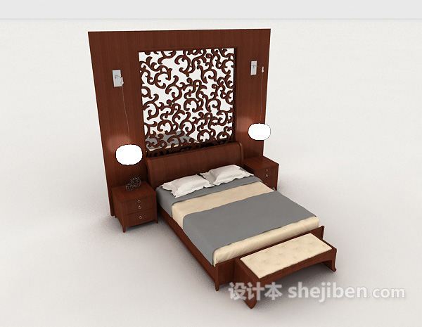 中式风格新中式家居木质双人床3d模型下载