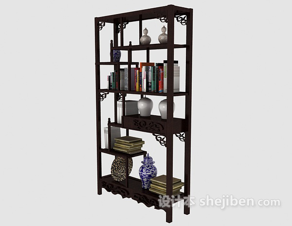 中式风格中式木质书柜3d模型下载